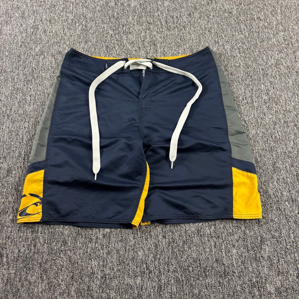 Y2K O'Neill Baggy Surf Board Shorts Navy Blue Yellow Grey Colorblock XL